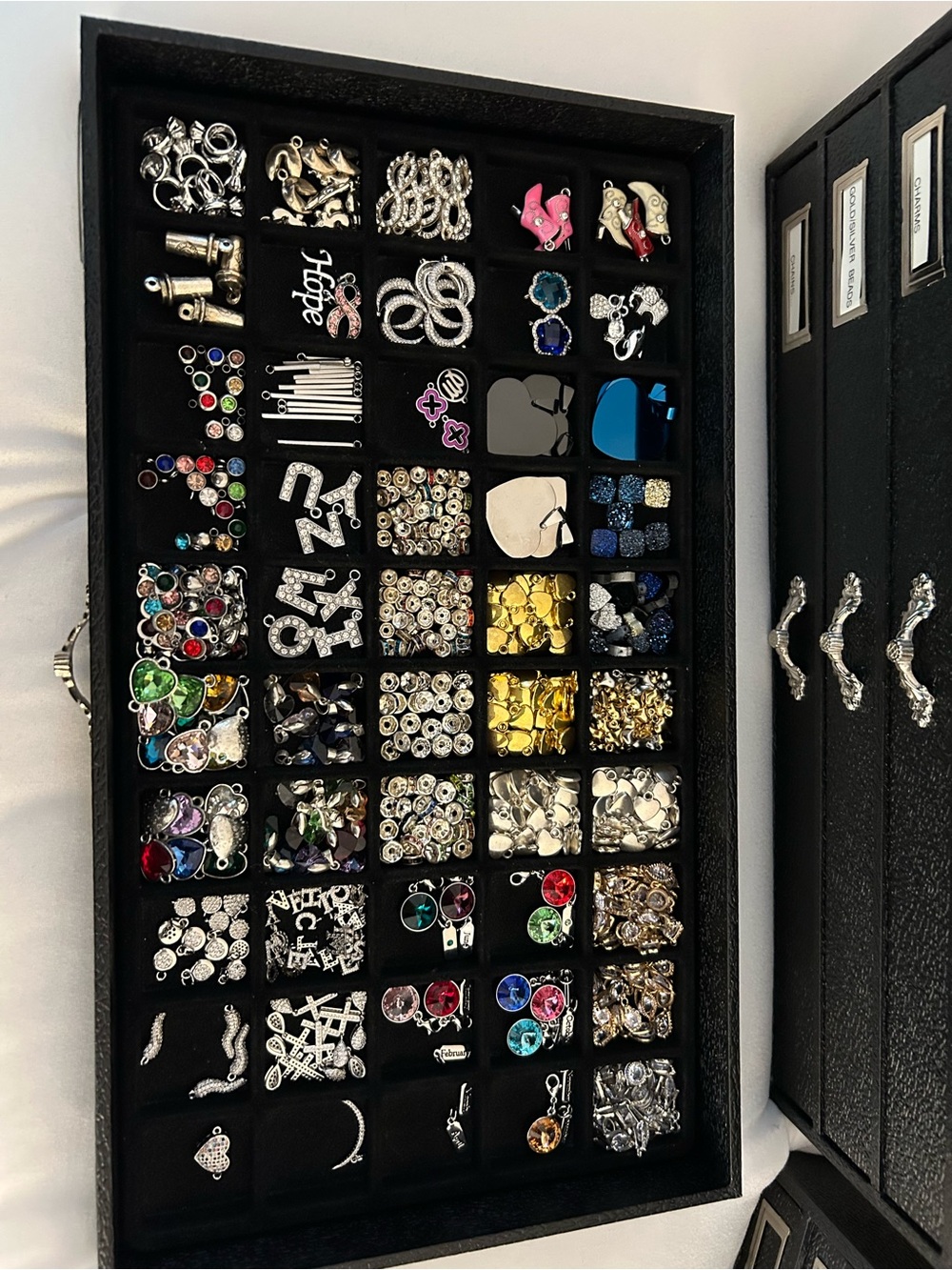 2 Black leather Five-Drawer Jewelry Storage Chests- w costume jewelry charms